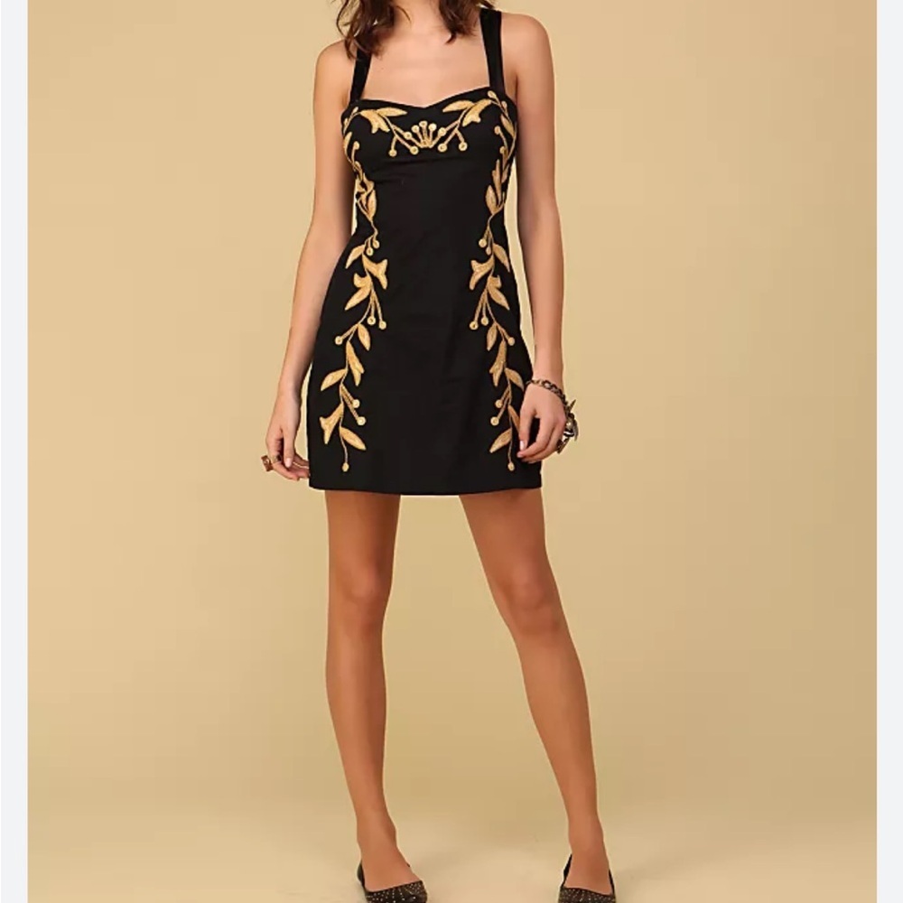 Free People Leaf Motif Black and Gold Embroidered Dress